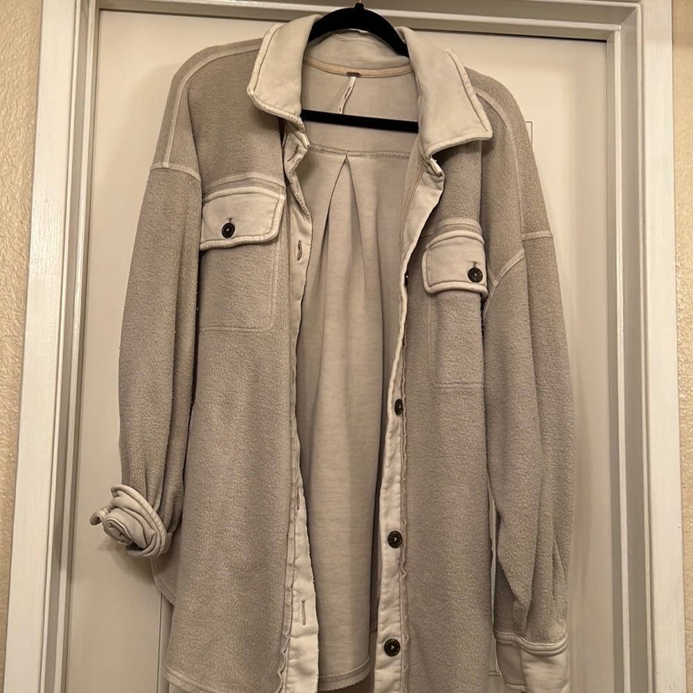 Free People Oversized Fleece Shacket in Light Taupe and Cream